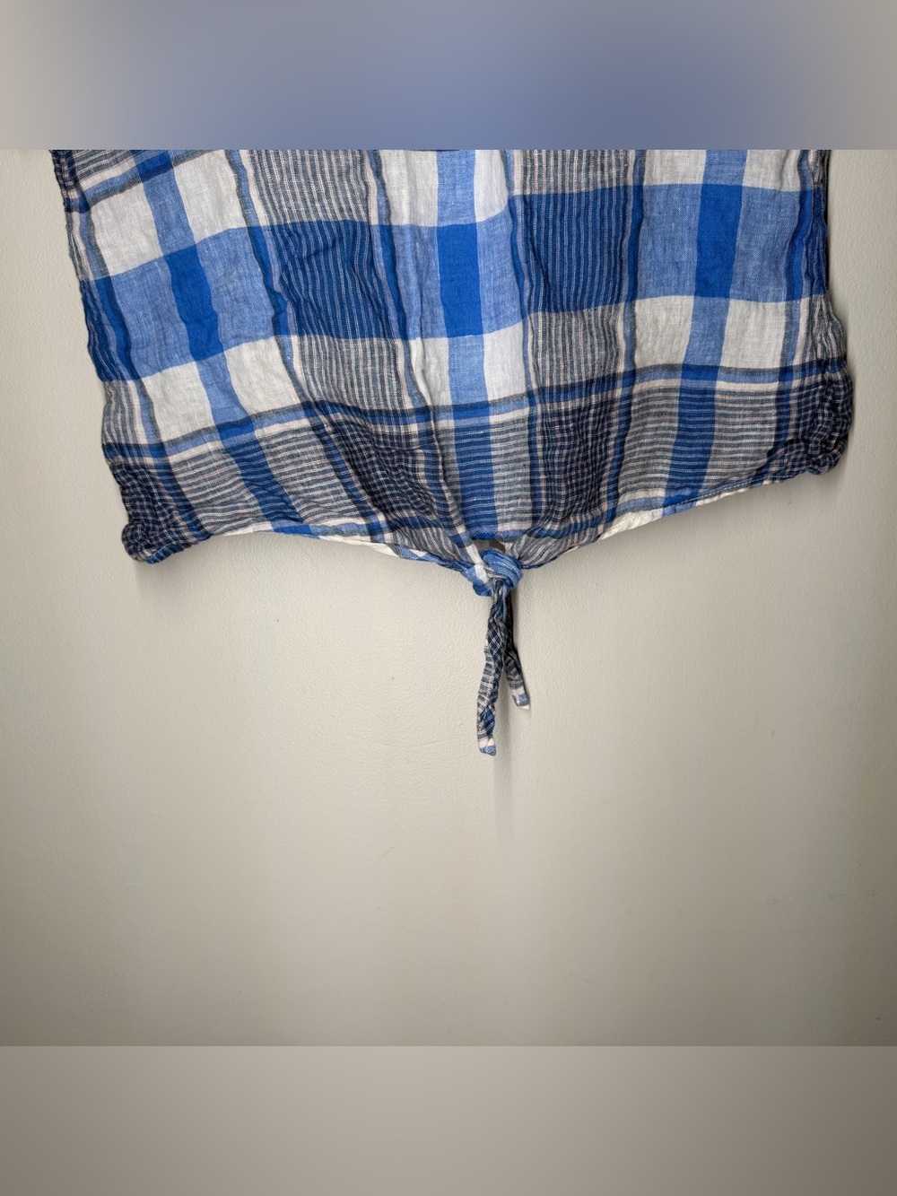 L.L. Bean Signature 100% Linen Blue Madras Plaid Tie Front Boxy Boat Neck Blouse - Picture 3 of 8